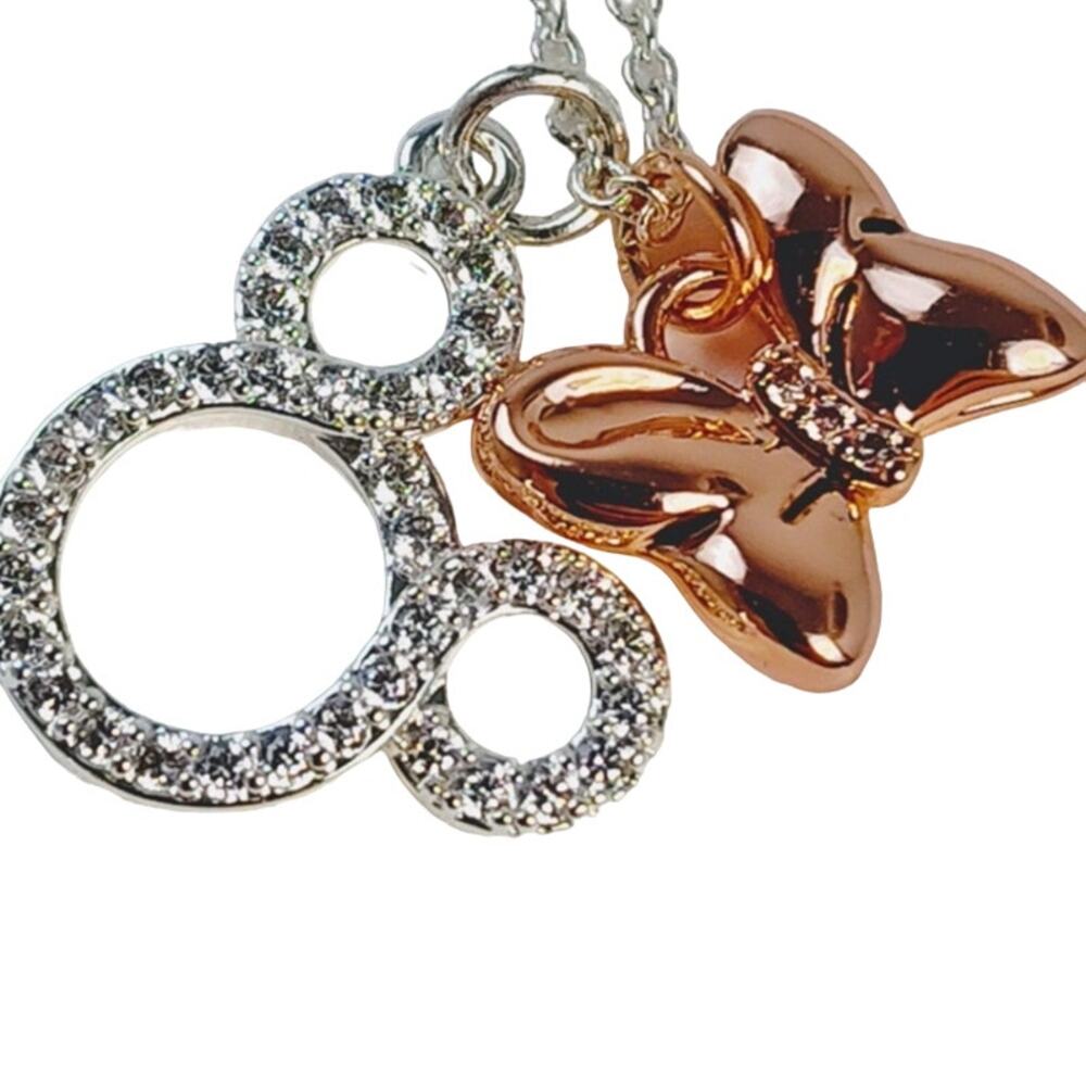 Disney Mickey Minnie Necklace Silver Gems Rose Gold Bow